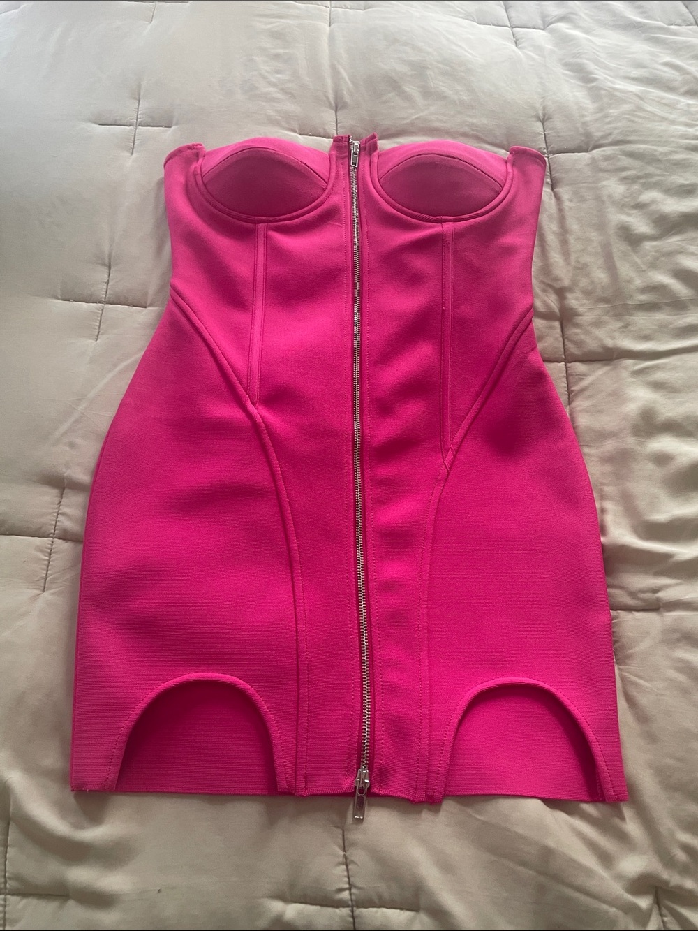 Fashion Nova Strapless Hot Pink Bodycon Mini with Front Zip